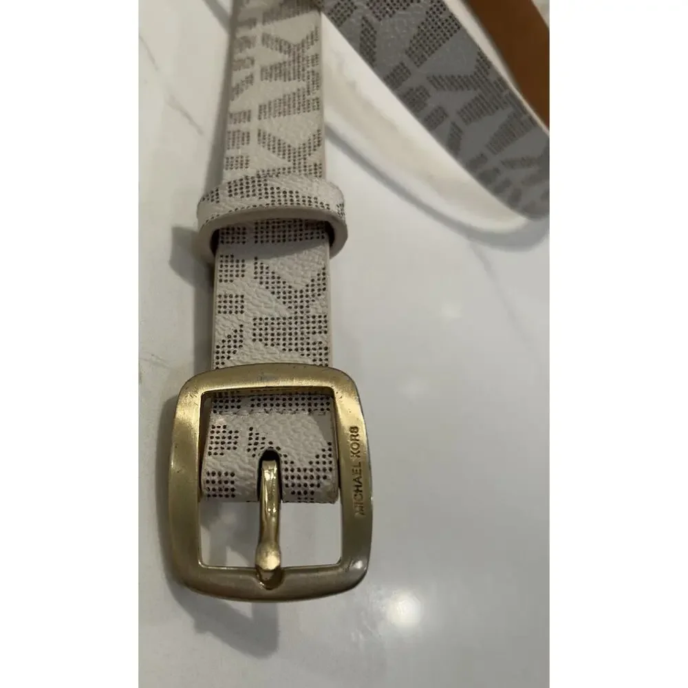 Michael Kors Belt Vanilla Mini Signature Printed MK Logo Gold Buckle 1” Sz Small